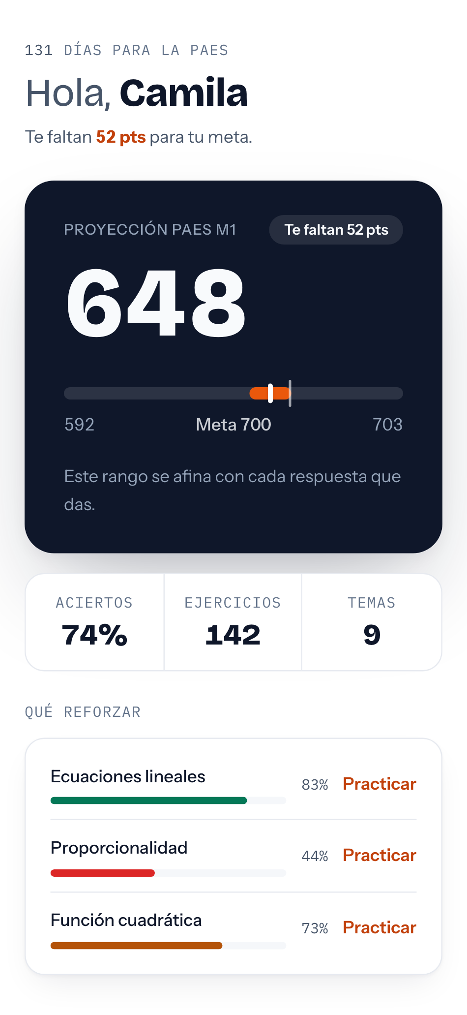 La app de Ensayía en el teléfono: proyección de puntaje 648, meta 700, estadísticas y qué reforzar